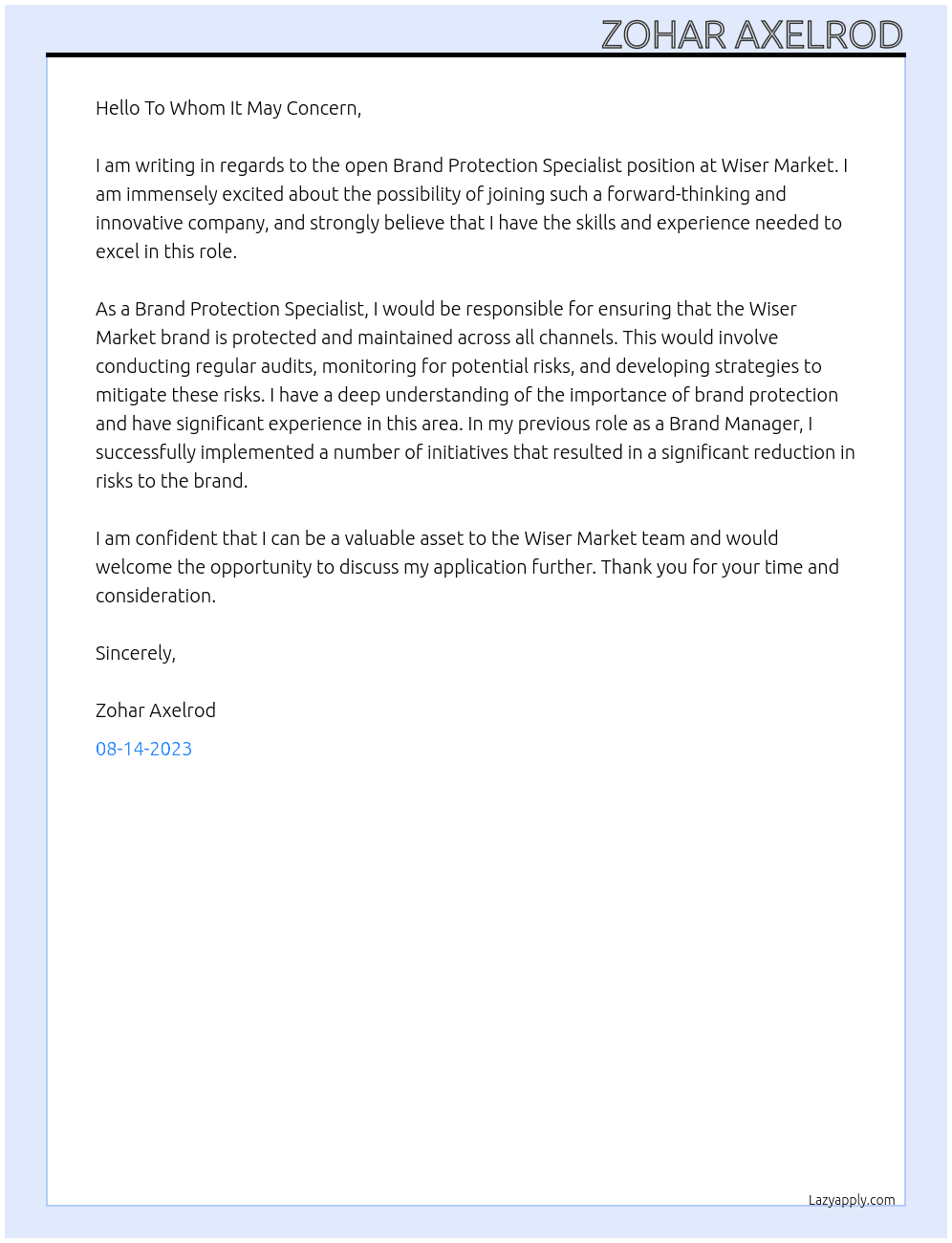 Brand Protection Specialist At Wiser Market Cover Letter