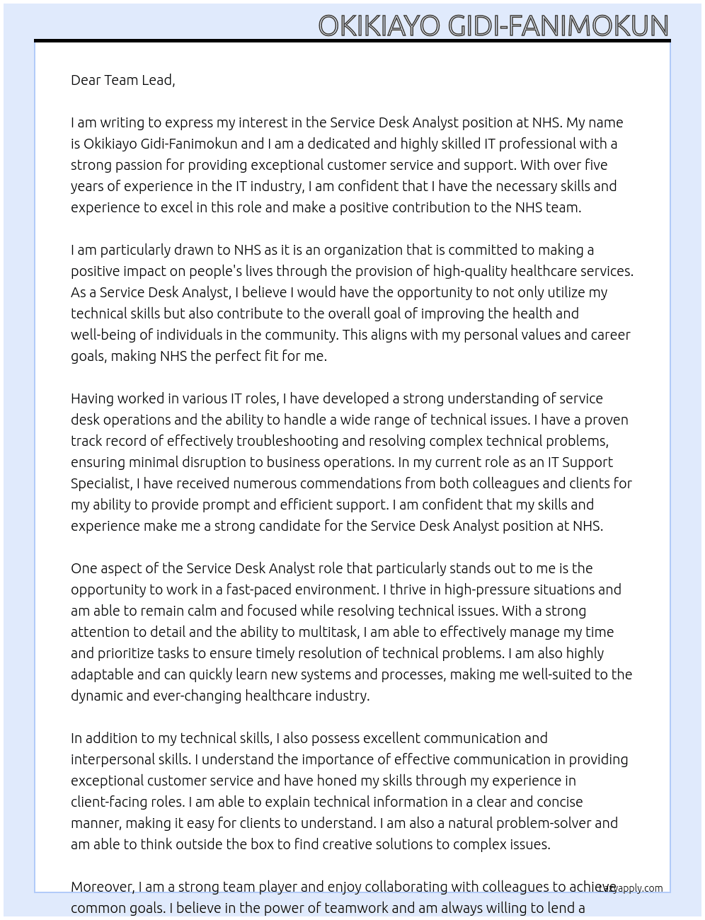 Service desk Analyst At NHS Cover Letter