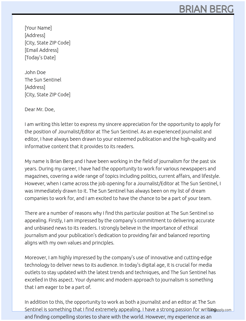 Journalist/Editor At The Sun Sentinel Cover Letter