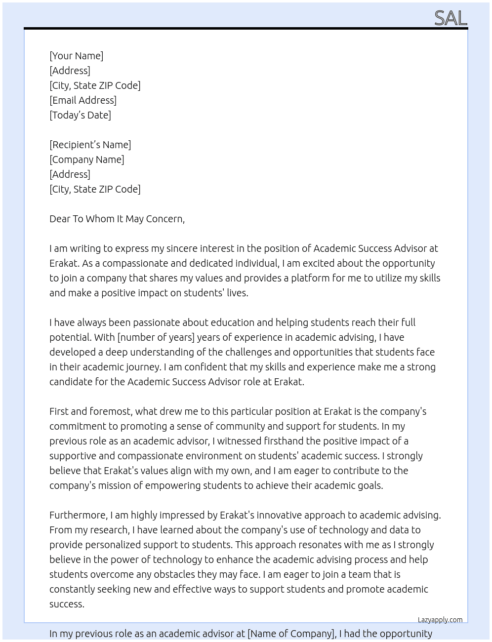 Academic Success Advisor At Erakat Cover Letter