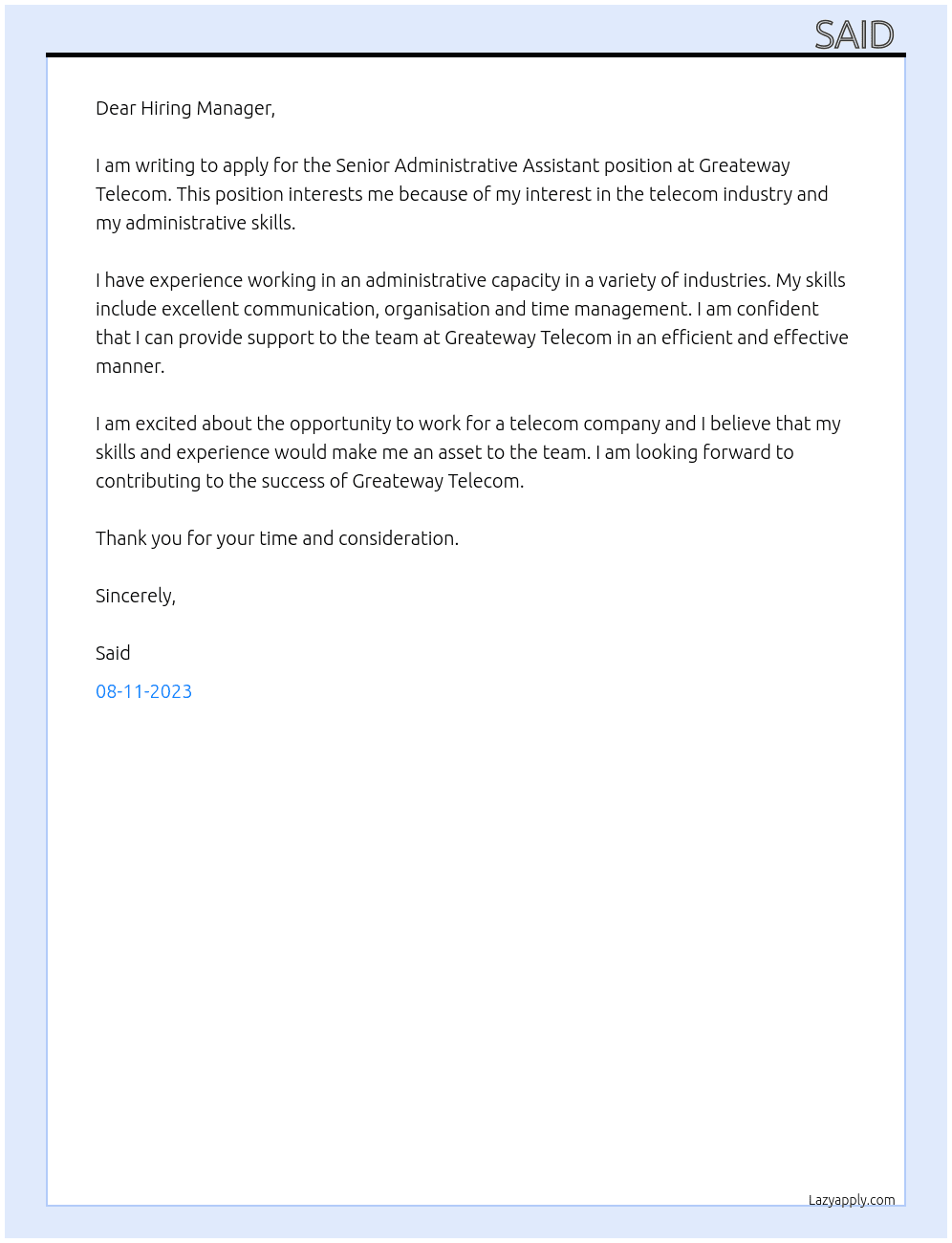 Senior Administrative Assistant  At Greateway Telecom Cover Letter