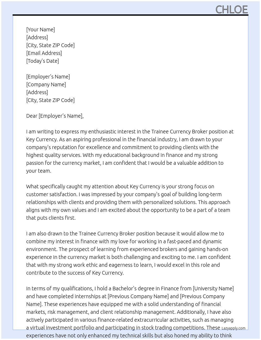 Trainee Currency Broker At Key Currency Cover Letter