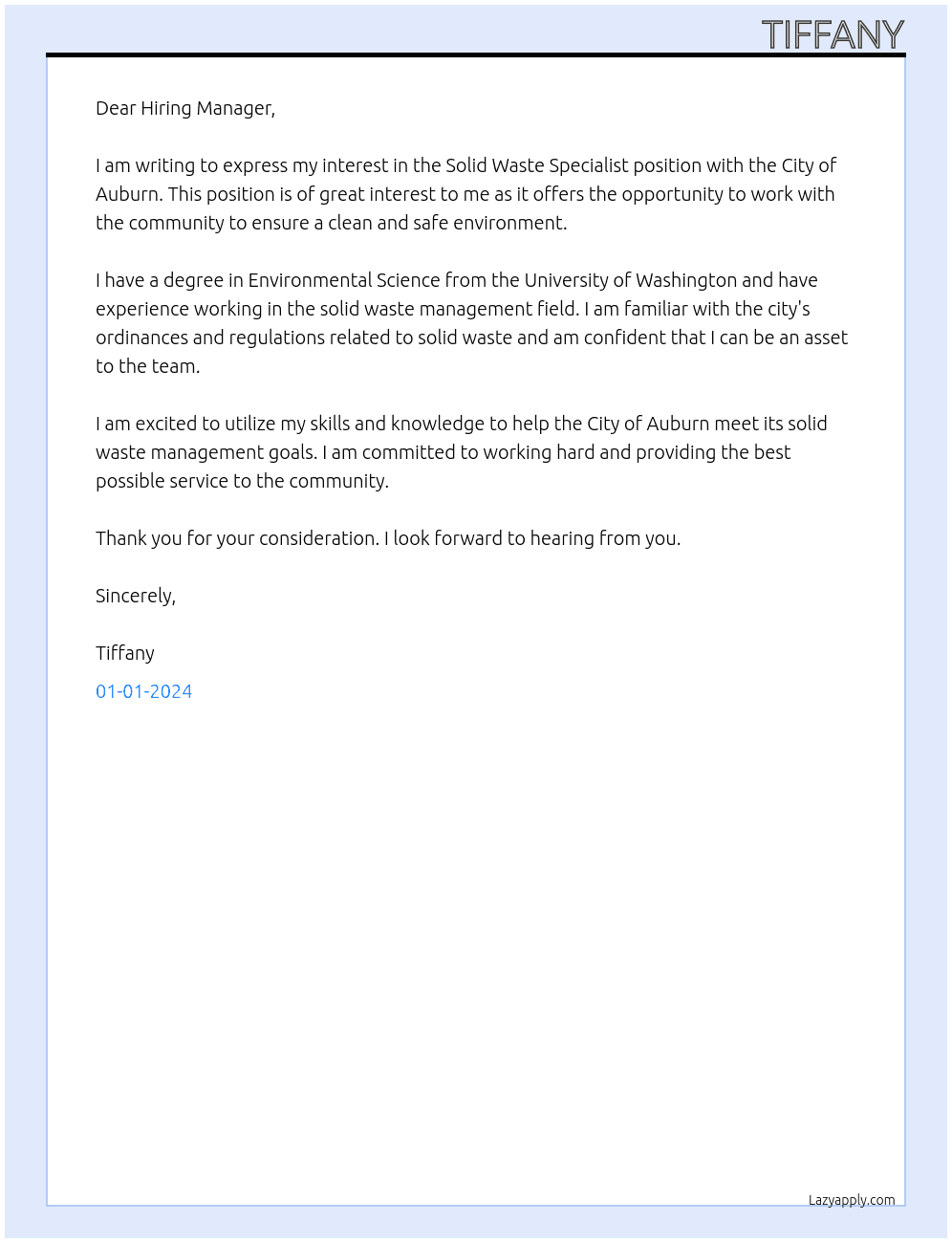 solid waste specialist At city of auburn Cover Letter