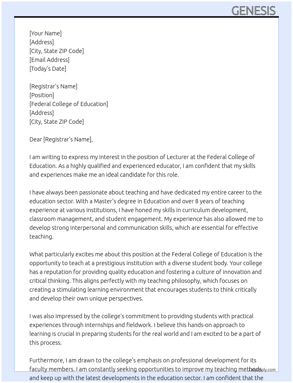 Lecturer  At Federal college of education  Cover Letter
