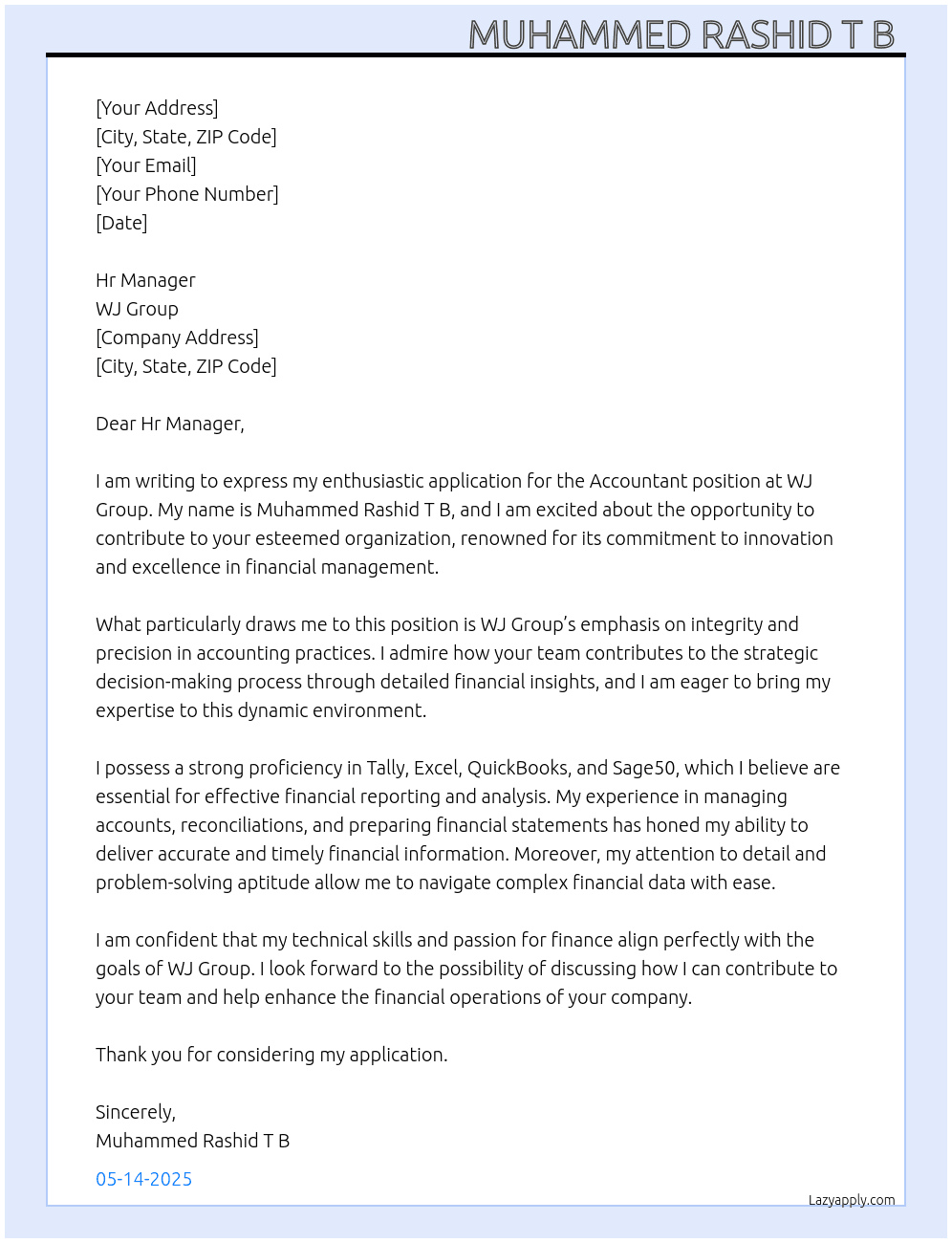 Accountant  At WJ Group  Cover Letter