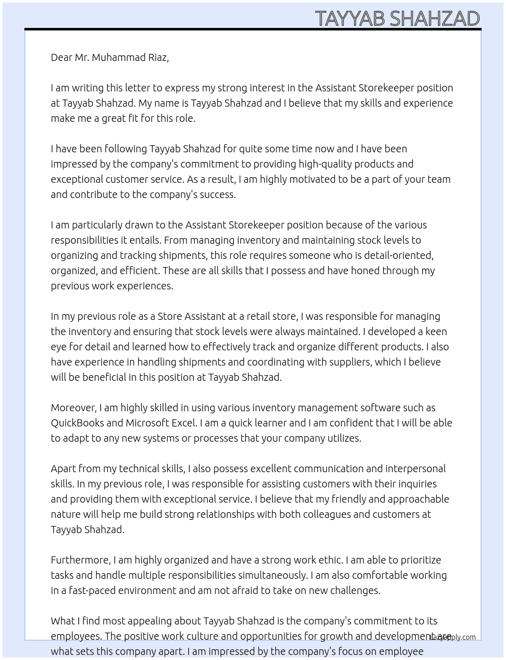 Assistant Storekeeper At tayyab shahzad Cover Letter