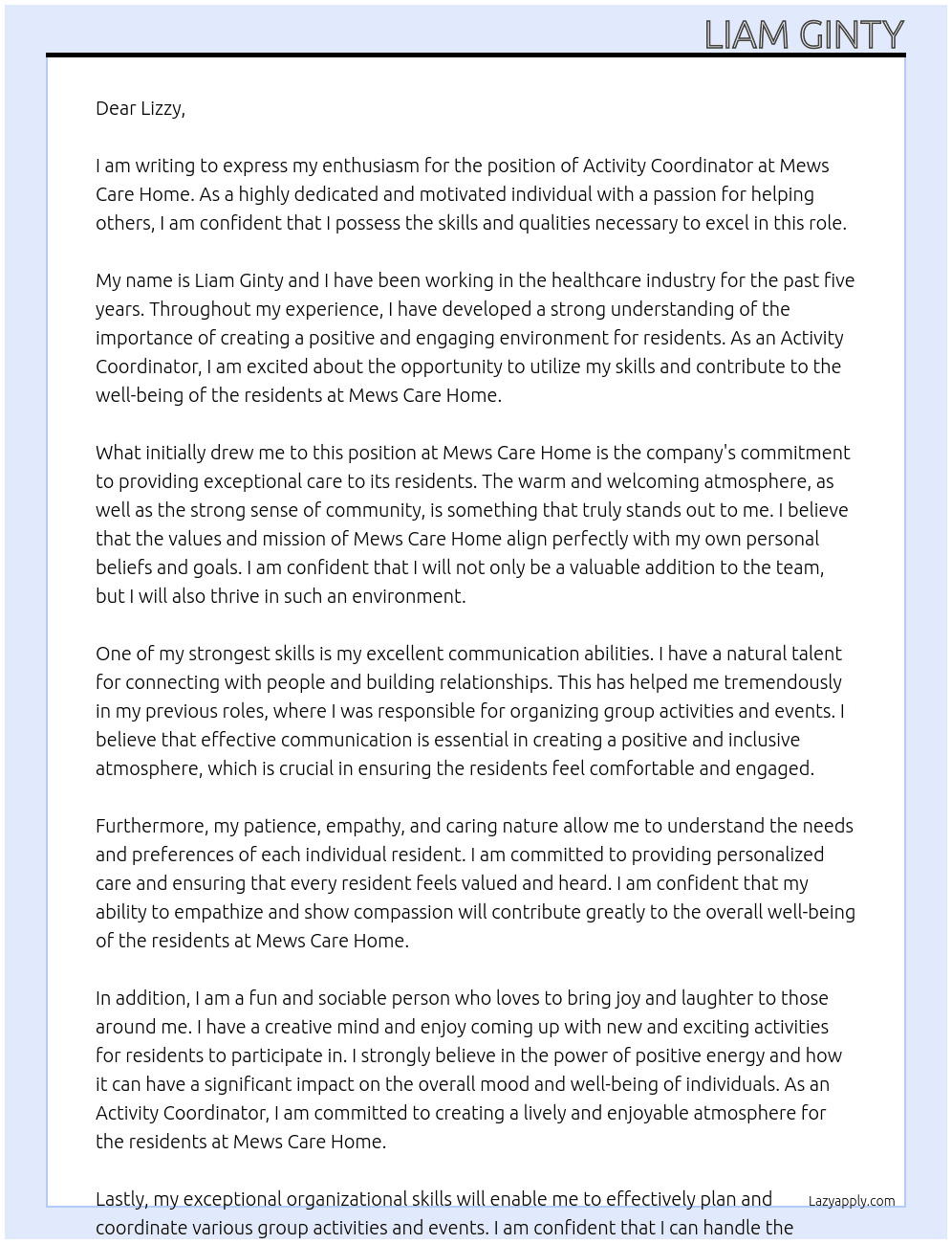 Activity Coordinator At Mews Care Home Cover Letter