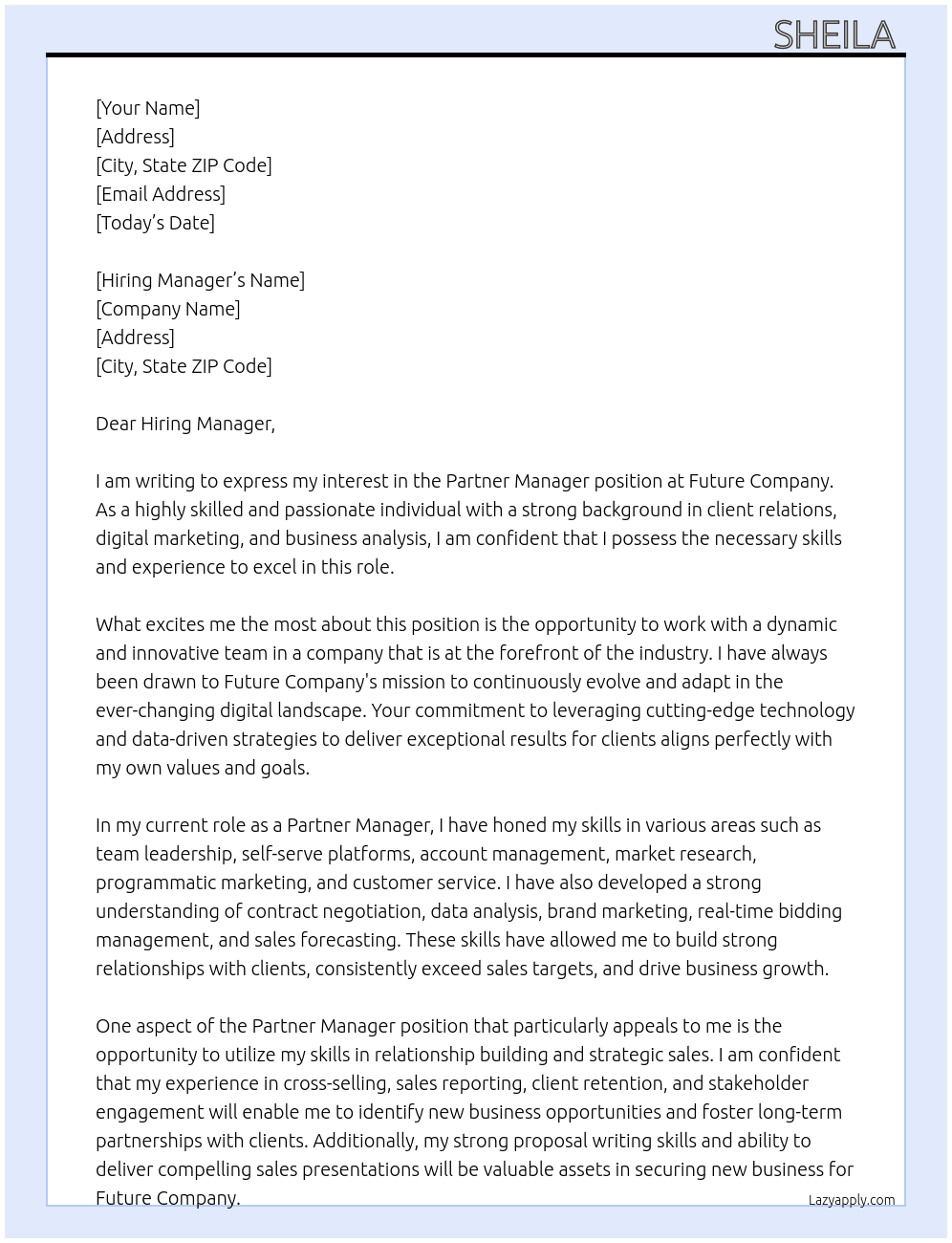Partner Manger  At Future Company Cover Letter
