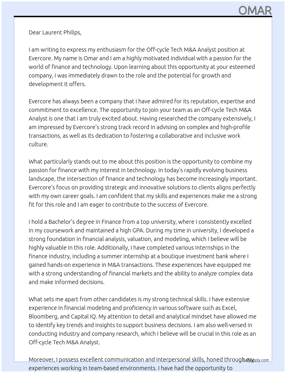 Off-cycle Tech M&A Analyst At Evercore Cover Letter