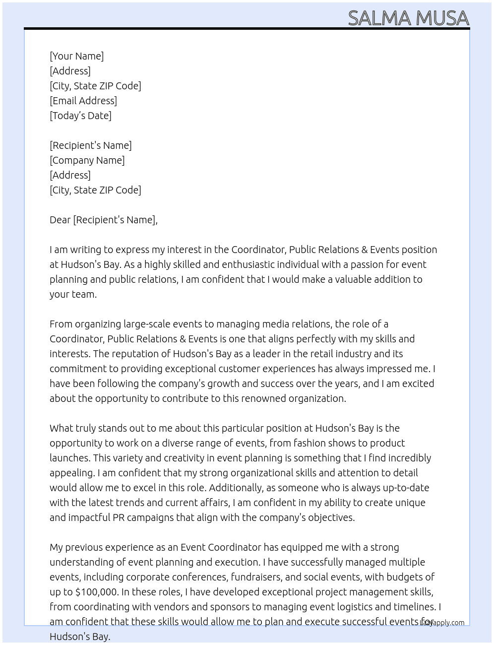 COORDINATOR, PUBLIC RELATIONS & EVENTS At Hudson's Bay Cover Letter