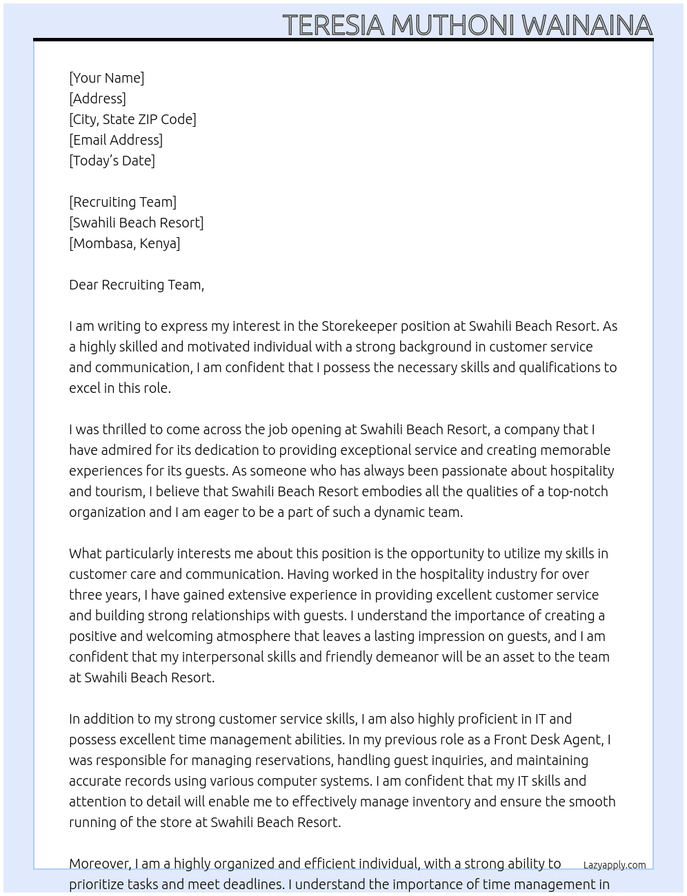 Strorekeeper At Swahili Beach Resort Cover Letter