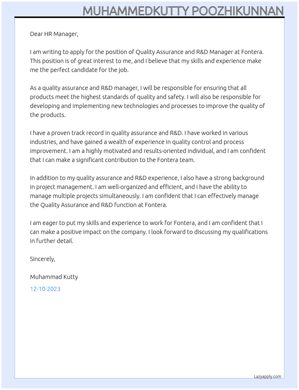 Quality Assurance and R&D Manager At FONTERA Cover Letter