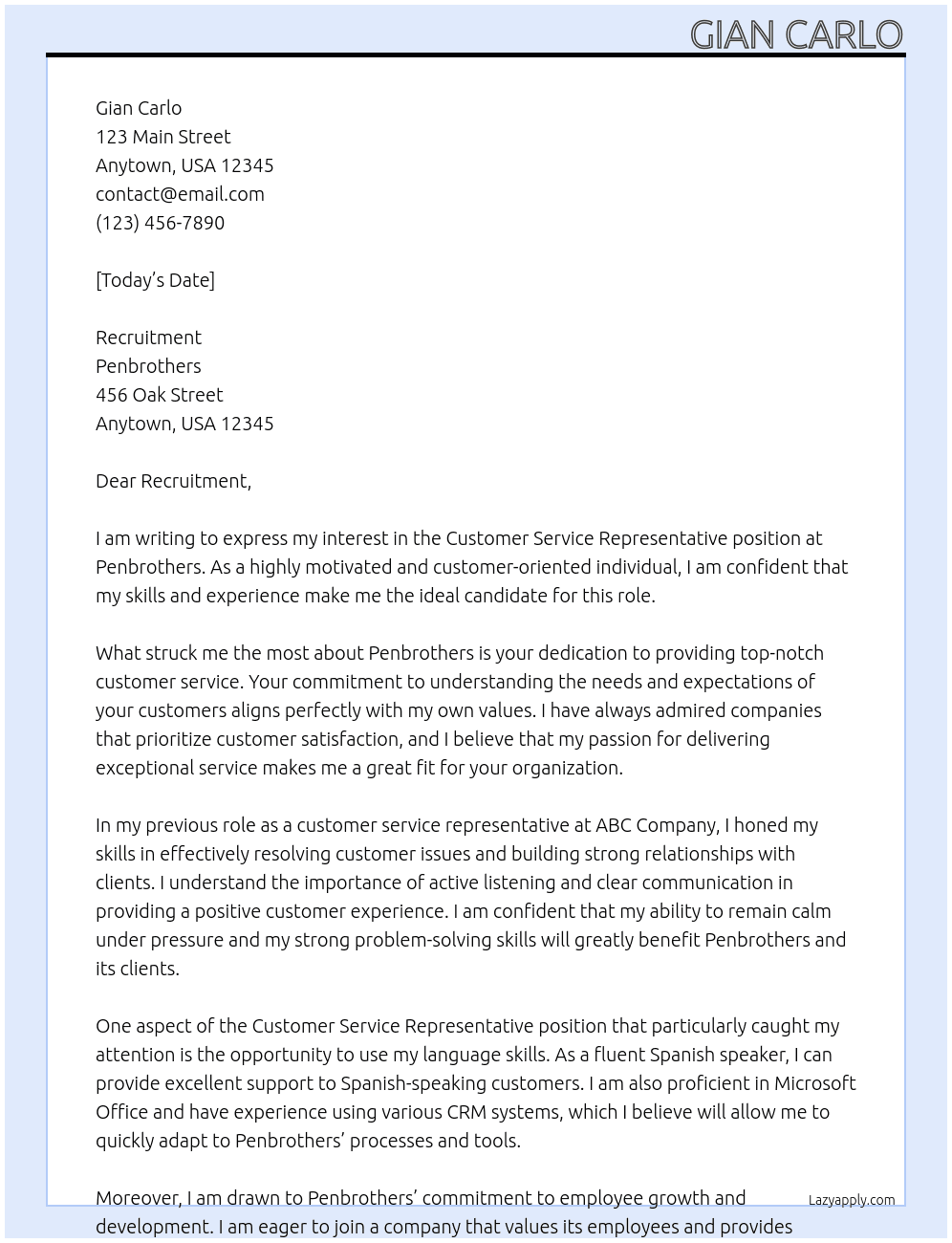 Customer service Representative  At Penbrothers Cover Letter