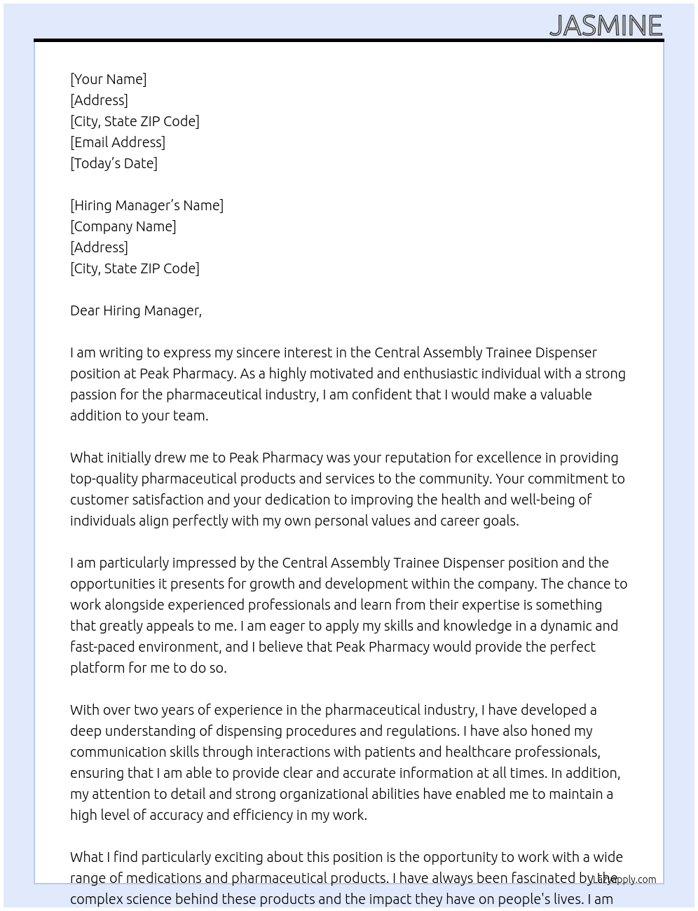 Central Assembly Trainee Dispenser At Peak Pharmacy Cover Letter