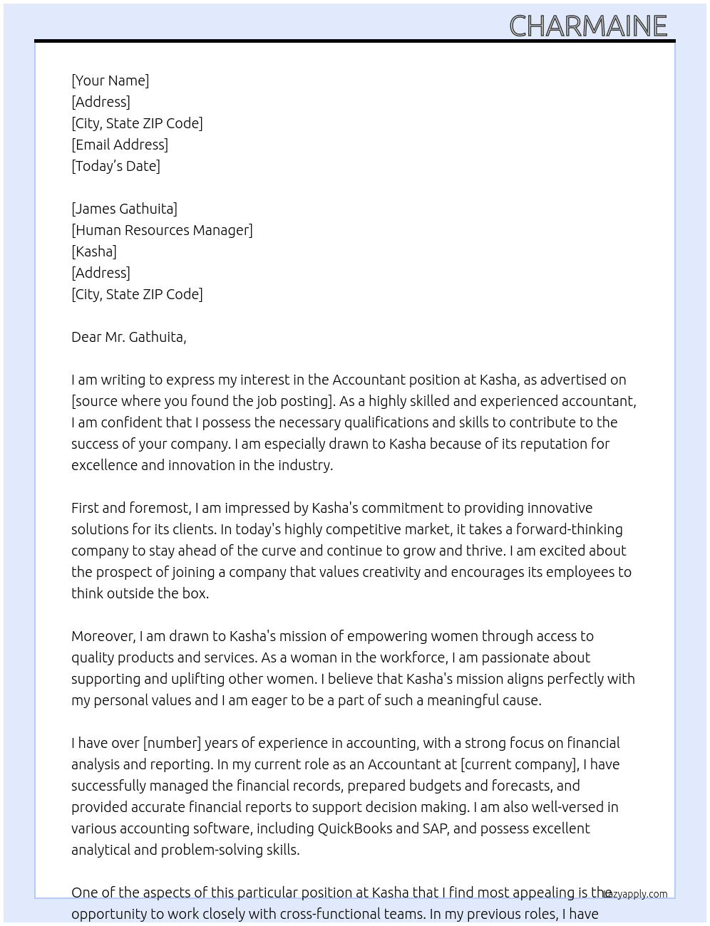 Accountant At Kasha Cover Letter