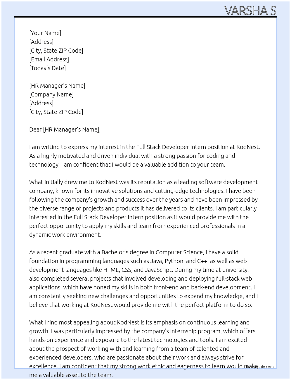 Full Stack Developer Intern At KodNest Cover Letter