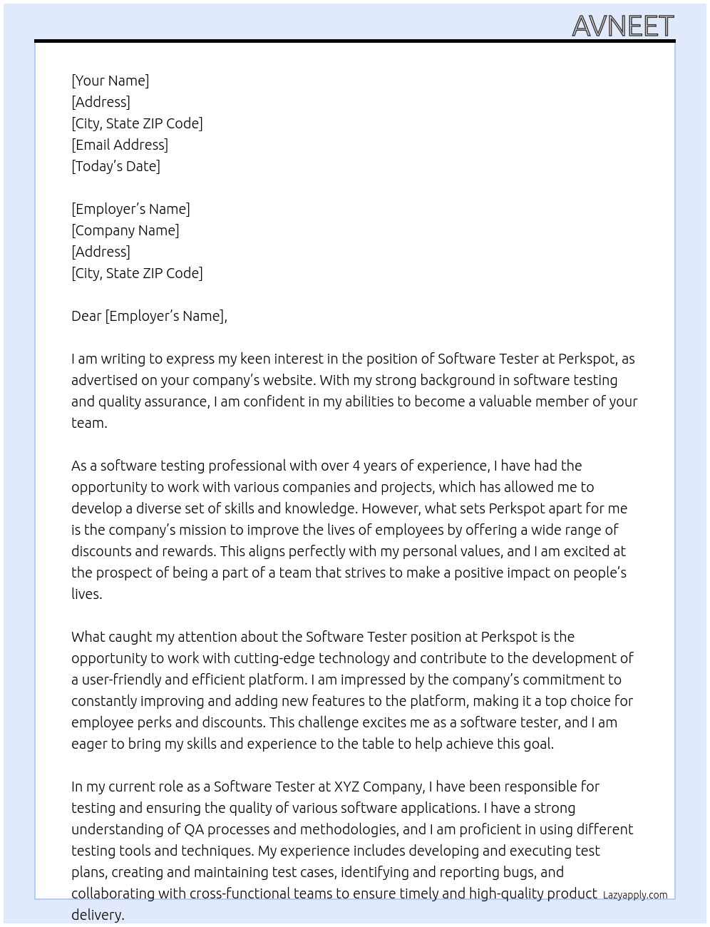 Software Tester  At Perkspot Cover Letter