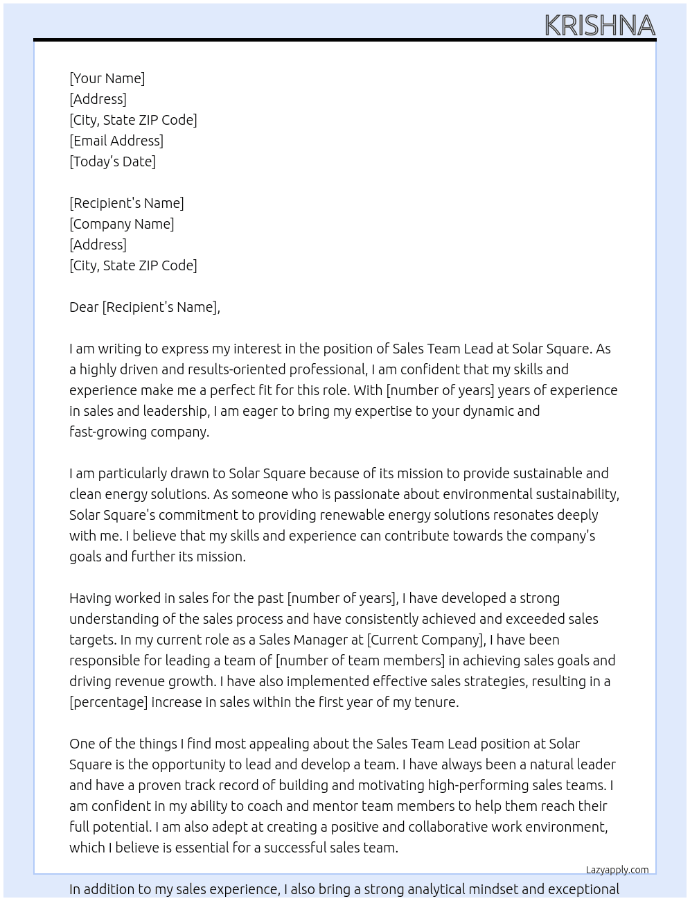 Sales team Lead At Solar Square Cover Letter