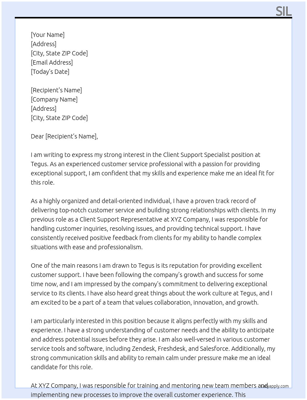 Client Support Specialist  At Tegus Cover Letter