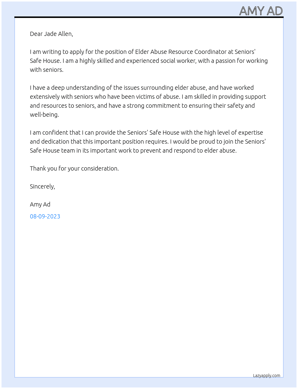 ELDER ABUSE RESOURCE COORDINATOR, At Seniors' Safe House Cover Letter