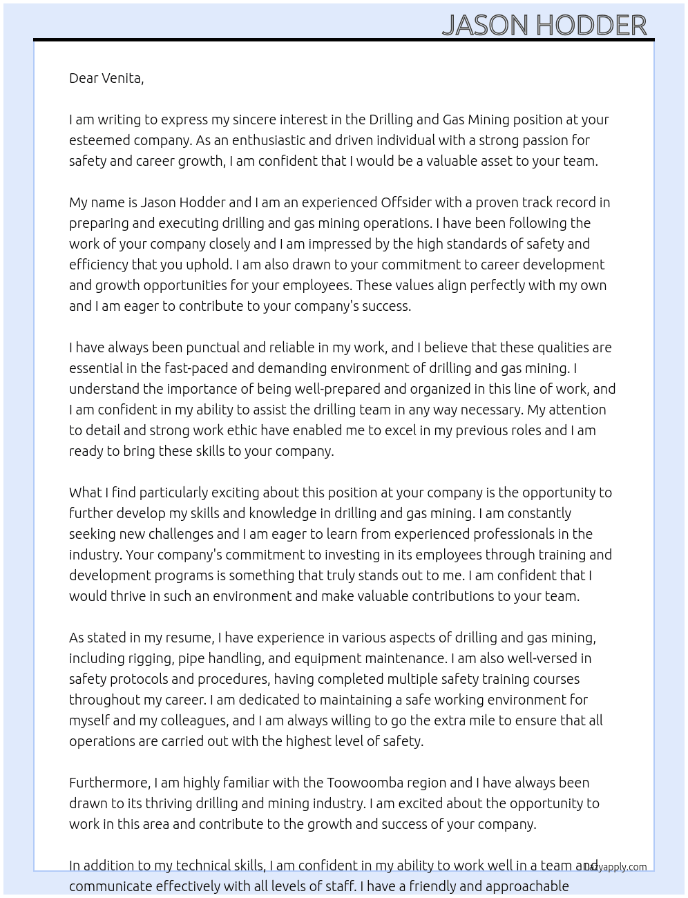 Drilling and gas mining  At VENITA Cover Letter