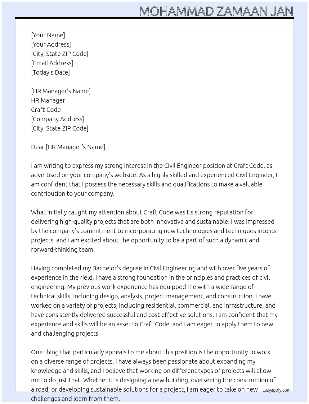 Civil engineer At Craft code Cover Letter