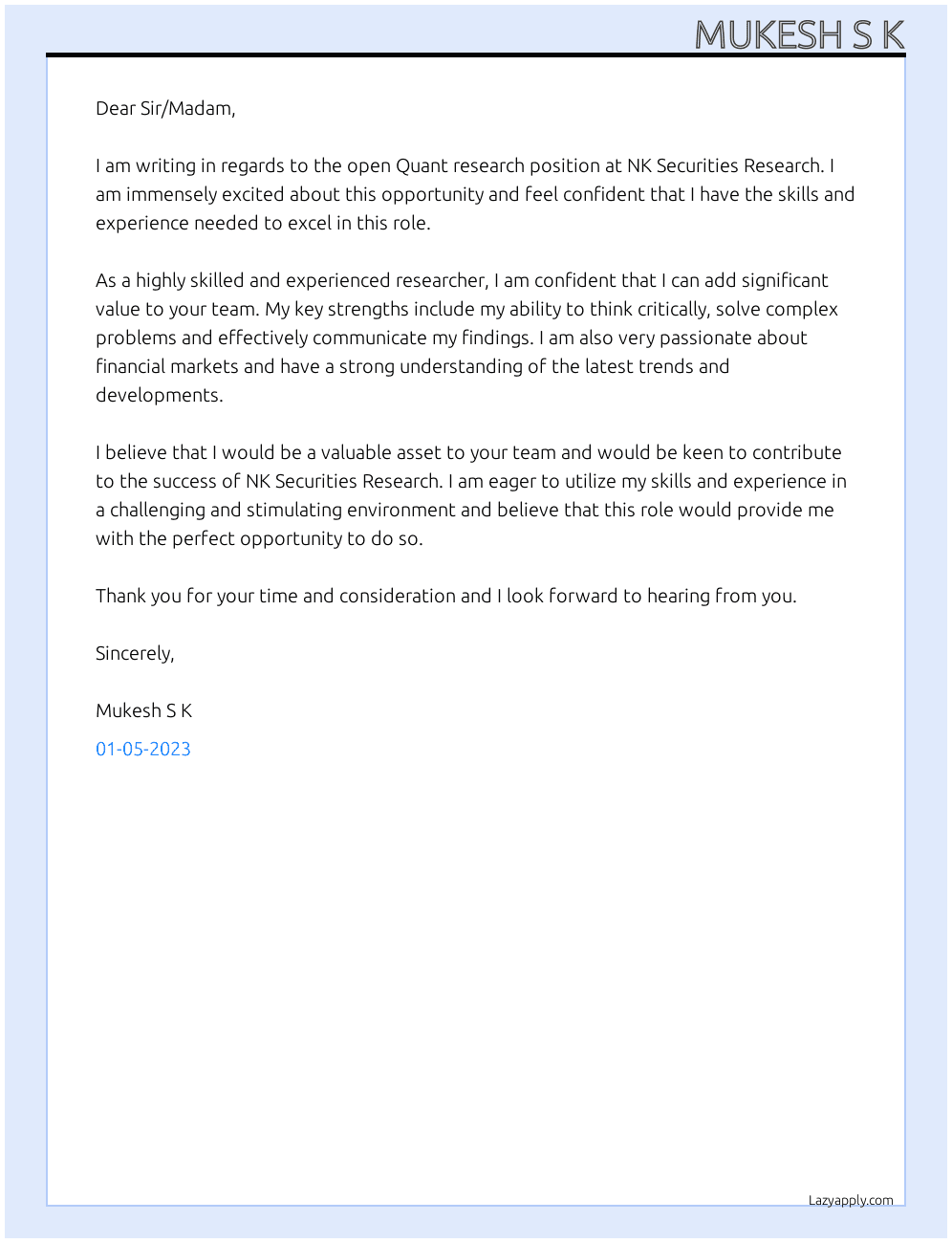 Quant research At NK Securities Research Cover Letter