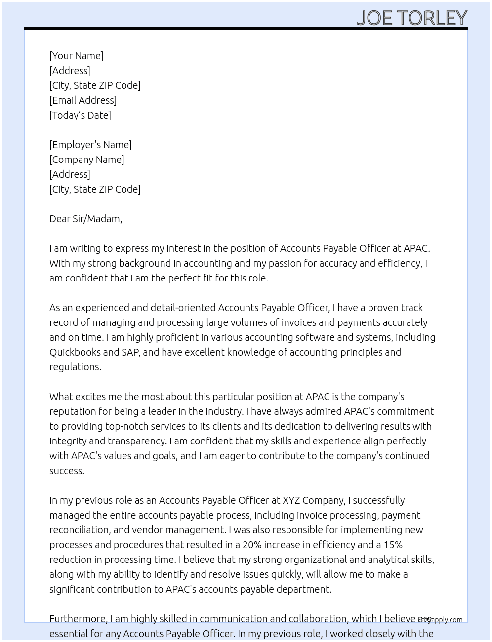 Accounts Payable Officer At APAC Cover Letter