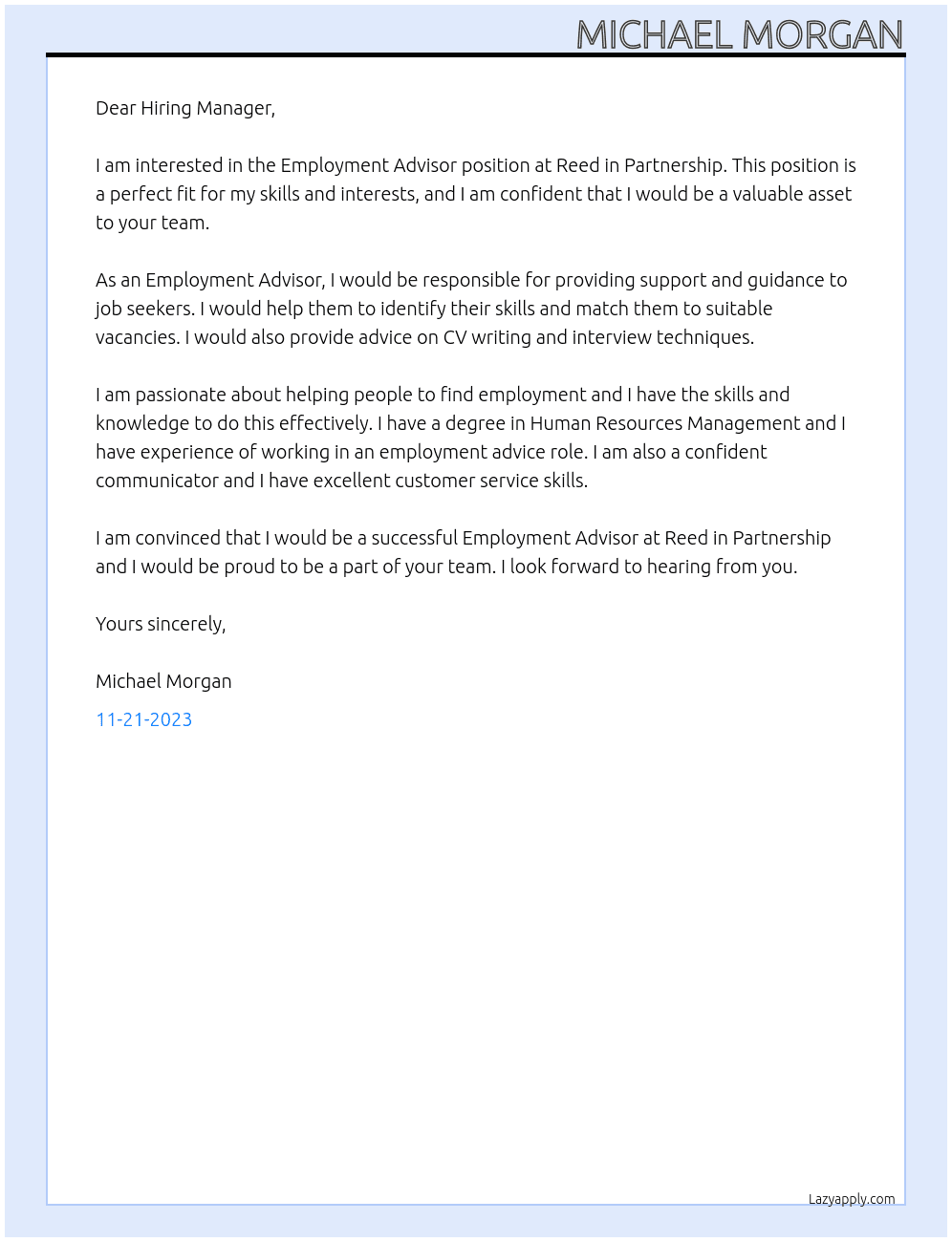 Employment Advisor At Reed in Partnership Cover Letter