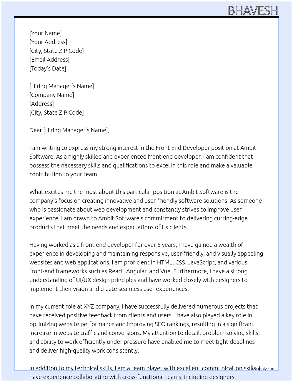 Front End Developer At Ambit Software Cover Letter