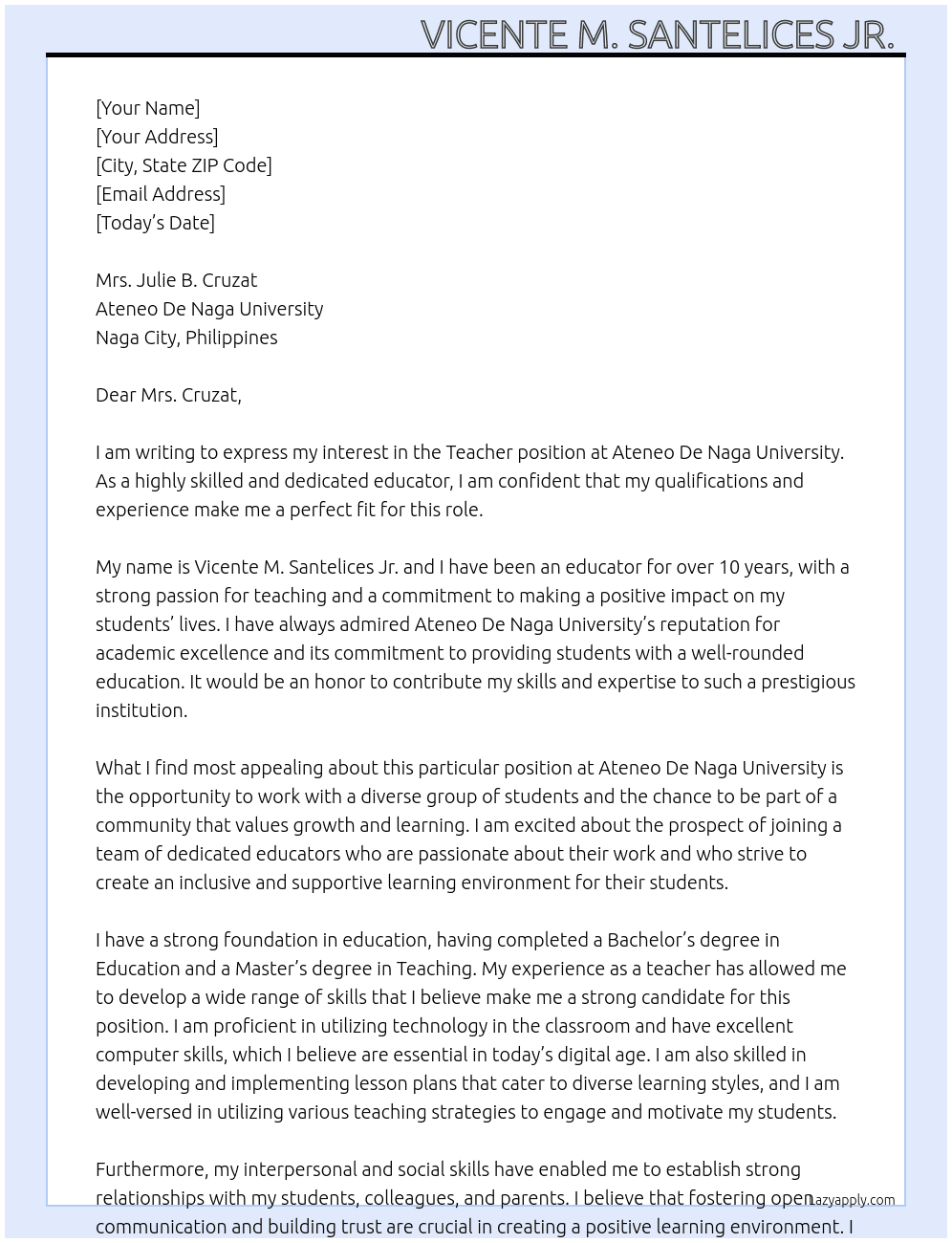 Teacher At Ateneo De Naga University  Cover Letter