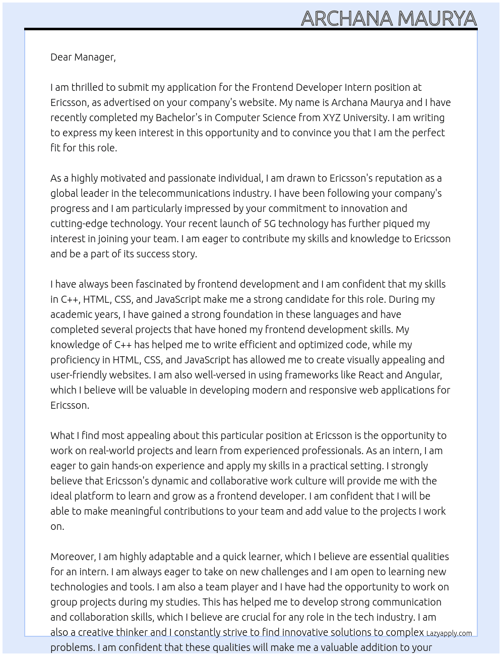 Frontend Developer Intern At Ericsson Cover Letter