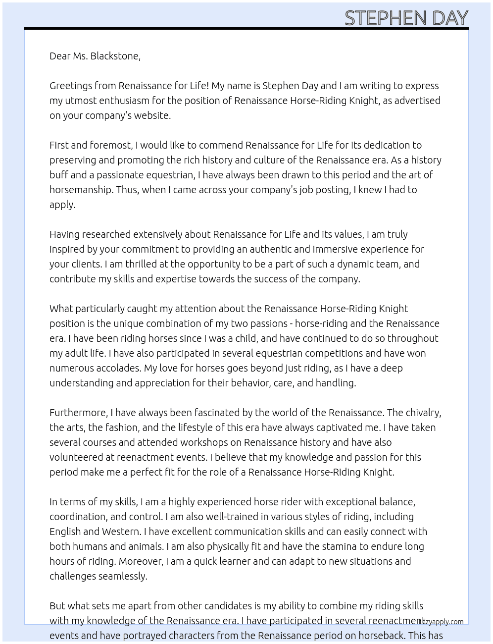 Renaissance Horse-Riding Knight At Renaissance for Life Cover Letter