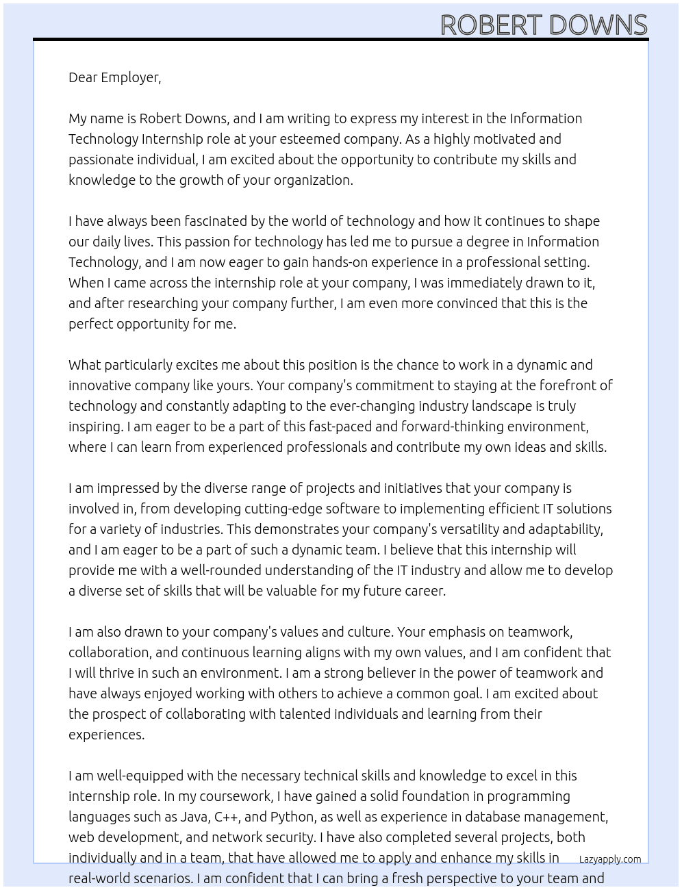 Information Technology At Employer Cover Letter
