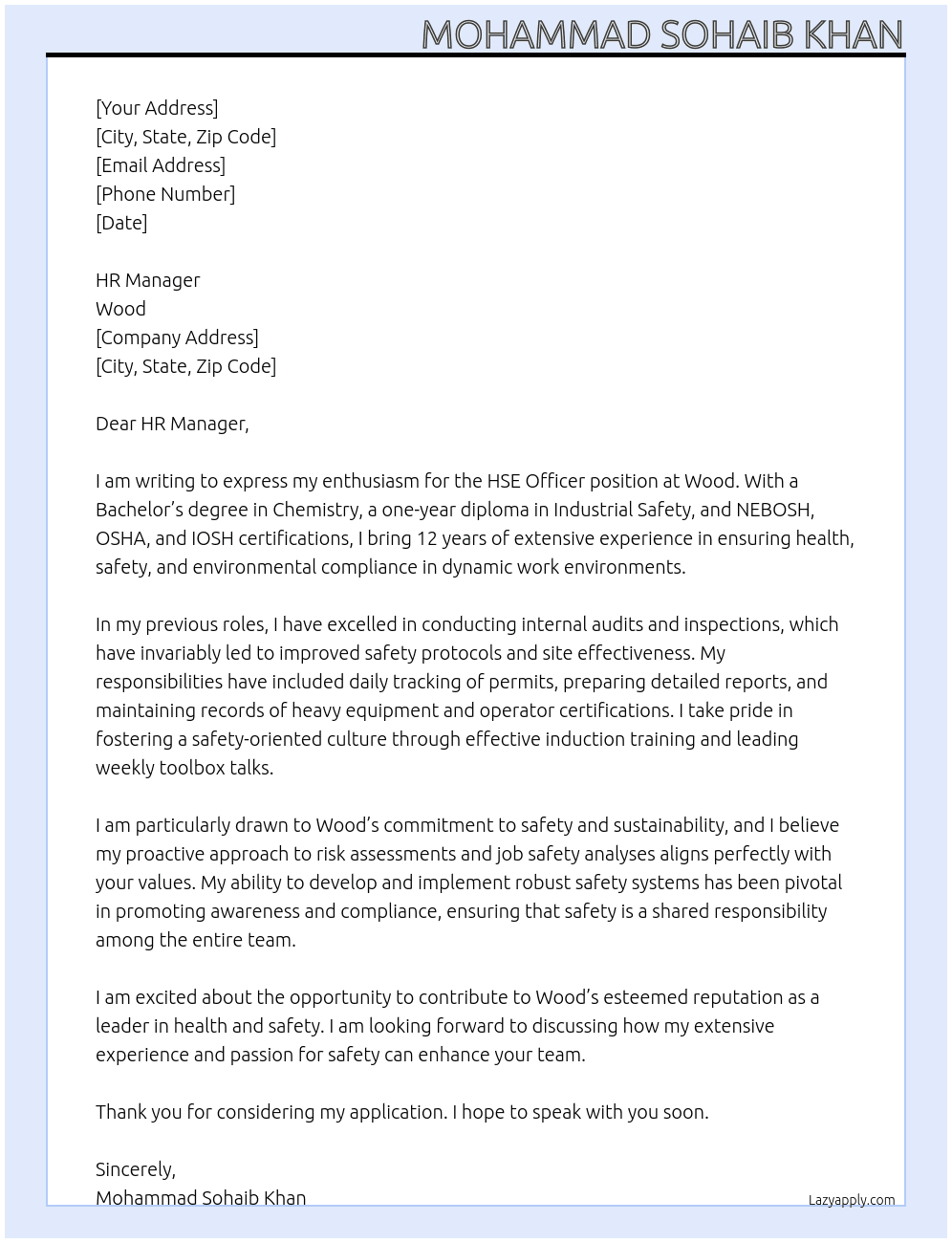 HSE OFFICER  At Wood Cover Letter