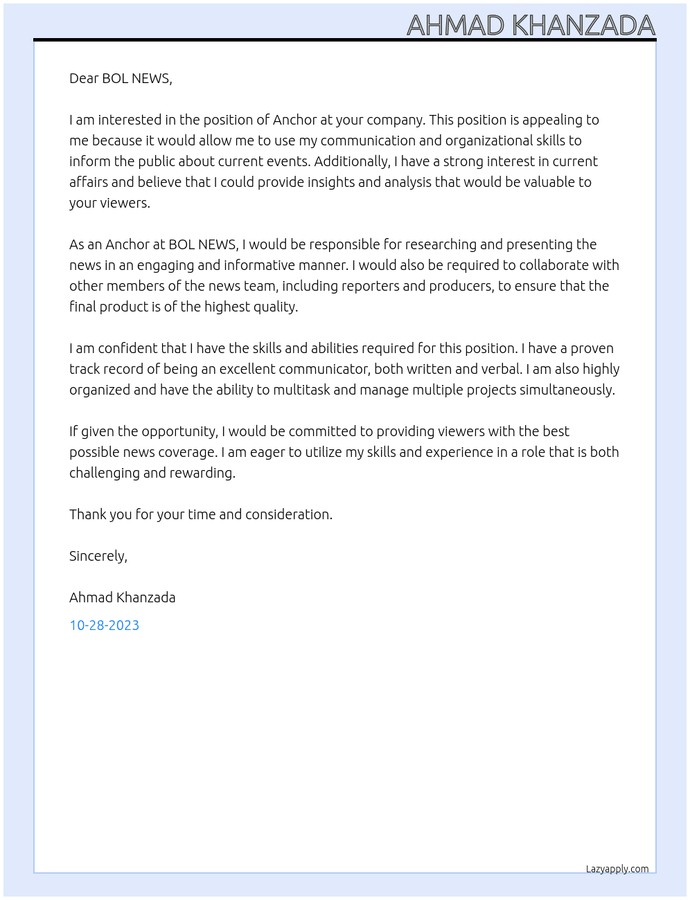 Anchor  At BOL NEWS Cover Letter