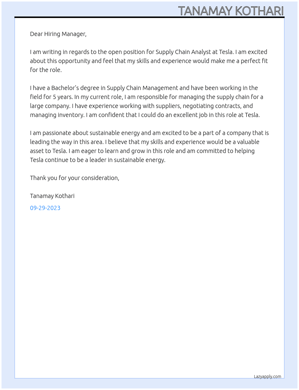 Supply chain analyst At Tesla Cover Letter