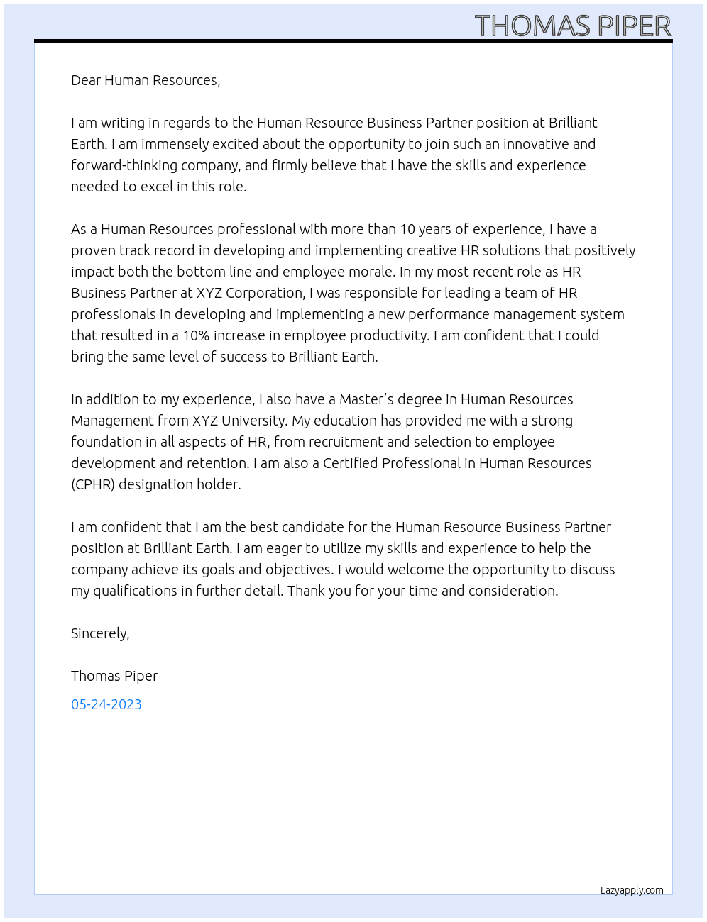 Human Resource Business Partner At Brilliant Earth Cover Letter