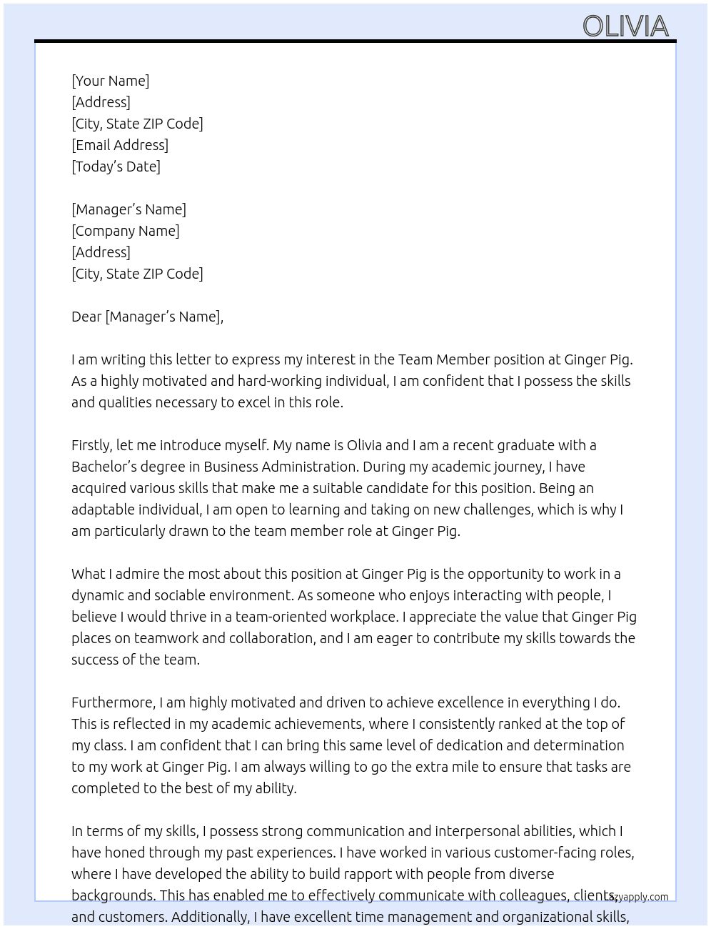 Team member At Ginger Pig Cover Letter