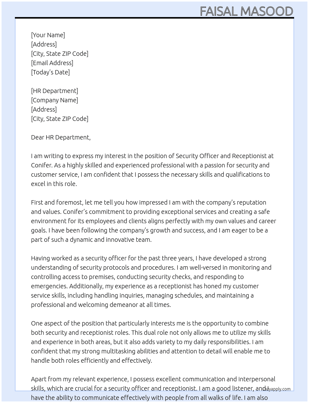 Security Officer and Receptionist At conifer Cover Letter