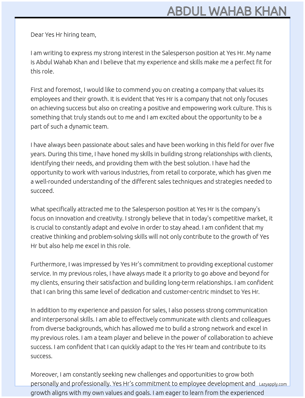 Salesperson At Yes Hr Cover Letter