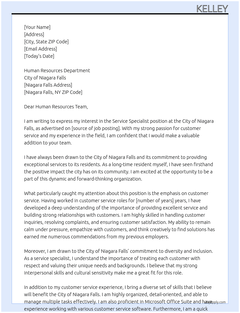 Service Specialist At City of Niagara Falls Cover Letter