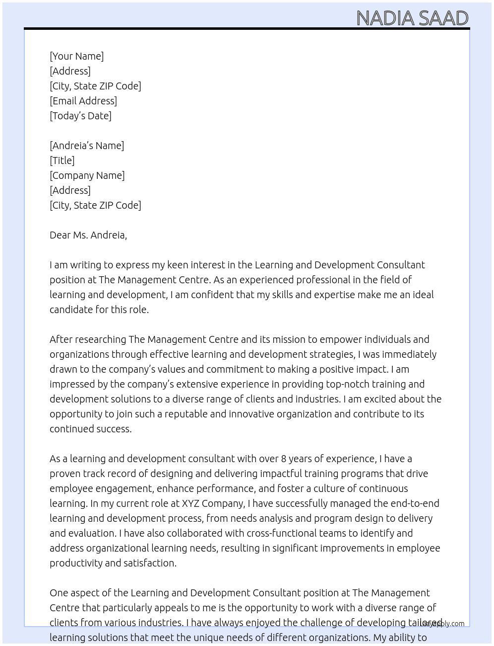 Learning and Development Consultant At The Management Centre Cover Letter