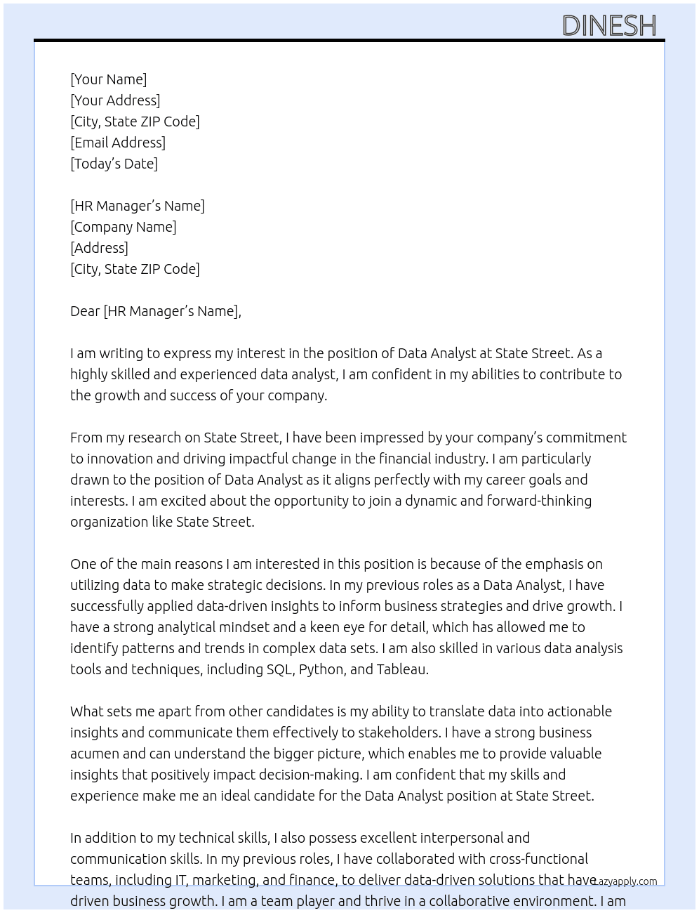 Cover letter for data analayst - LazyApply
