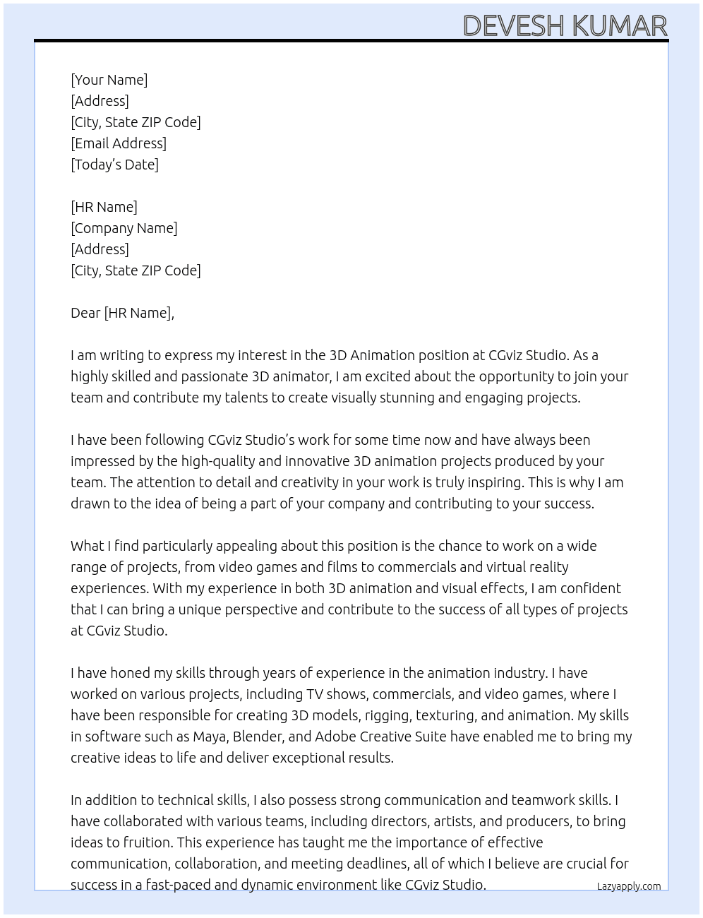 3D Animation At CGviz Stuido Cover Letter