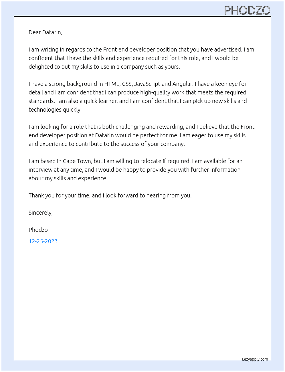 Front end developer At Datafin Cover Letter