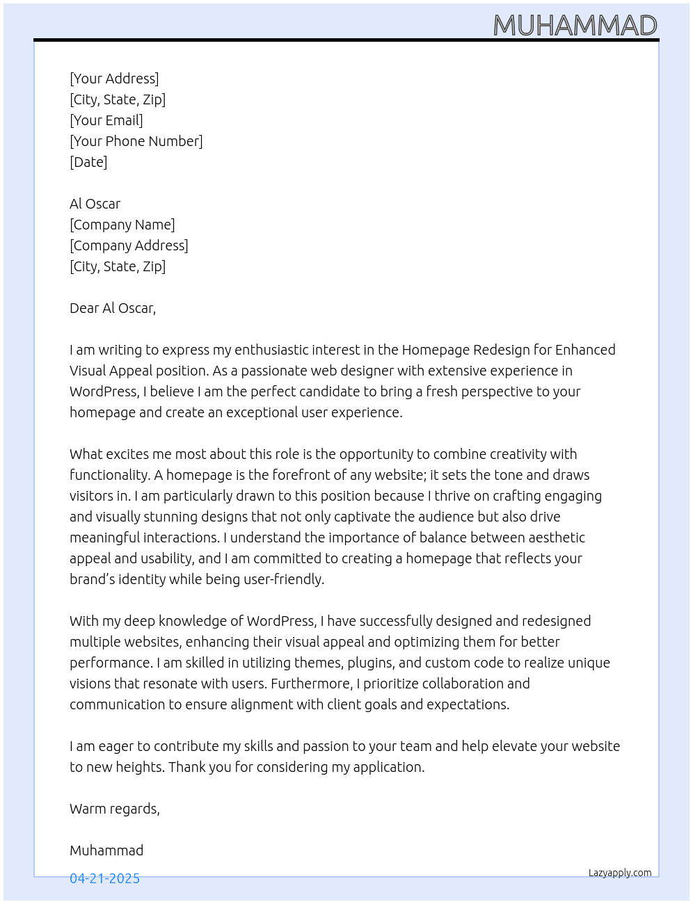 Homepage Redesign for Enhanced Visual Appeal At no company Cover Letter