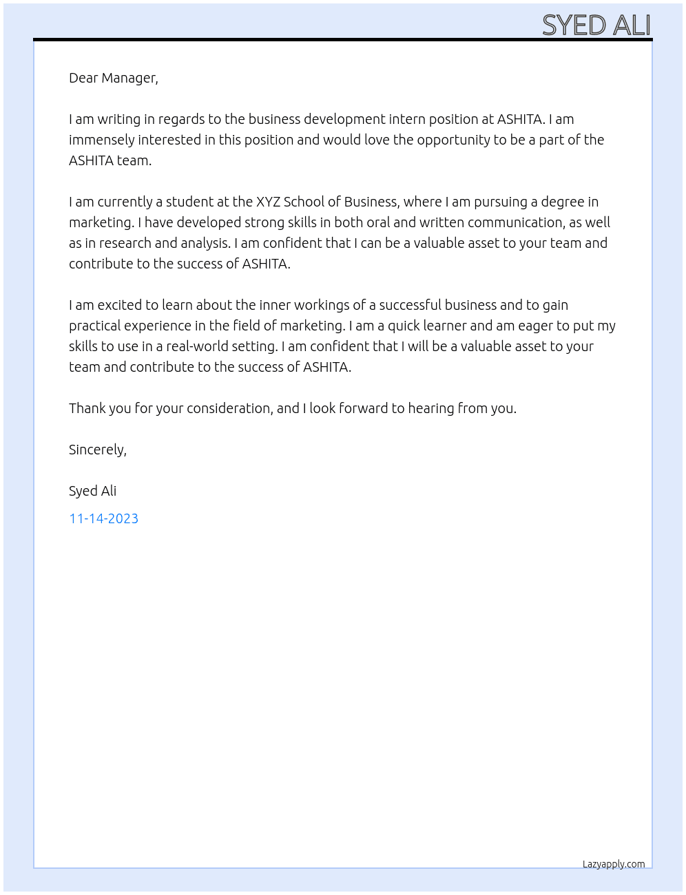 Business development intern At ASHITA Cover Letter