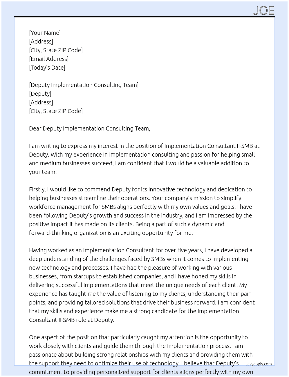 Implementation Consultant II-SMB At Deputy Cover Letter