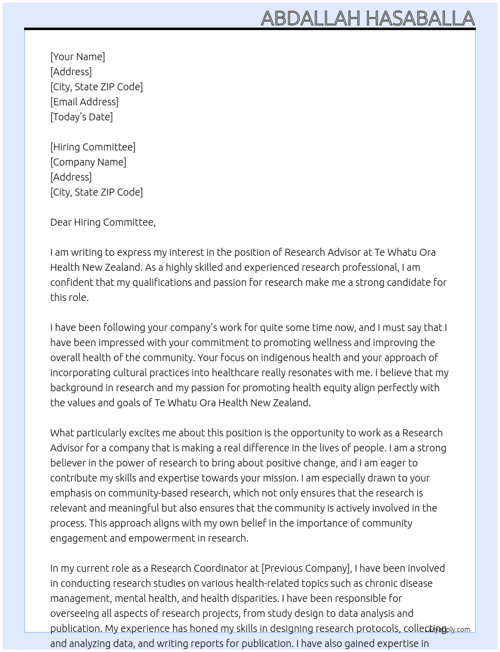 Research Advisor At Te Whatu Ora Health New Zealand Cover Letter